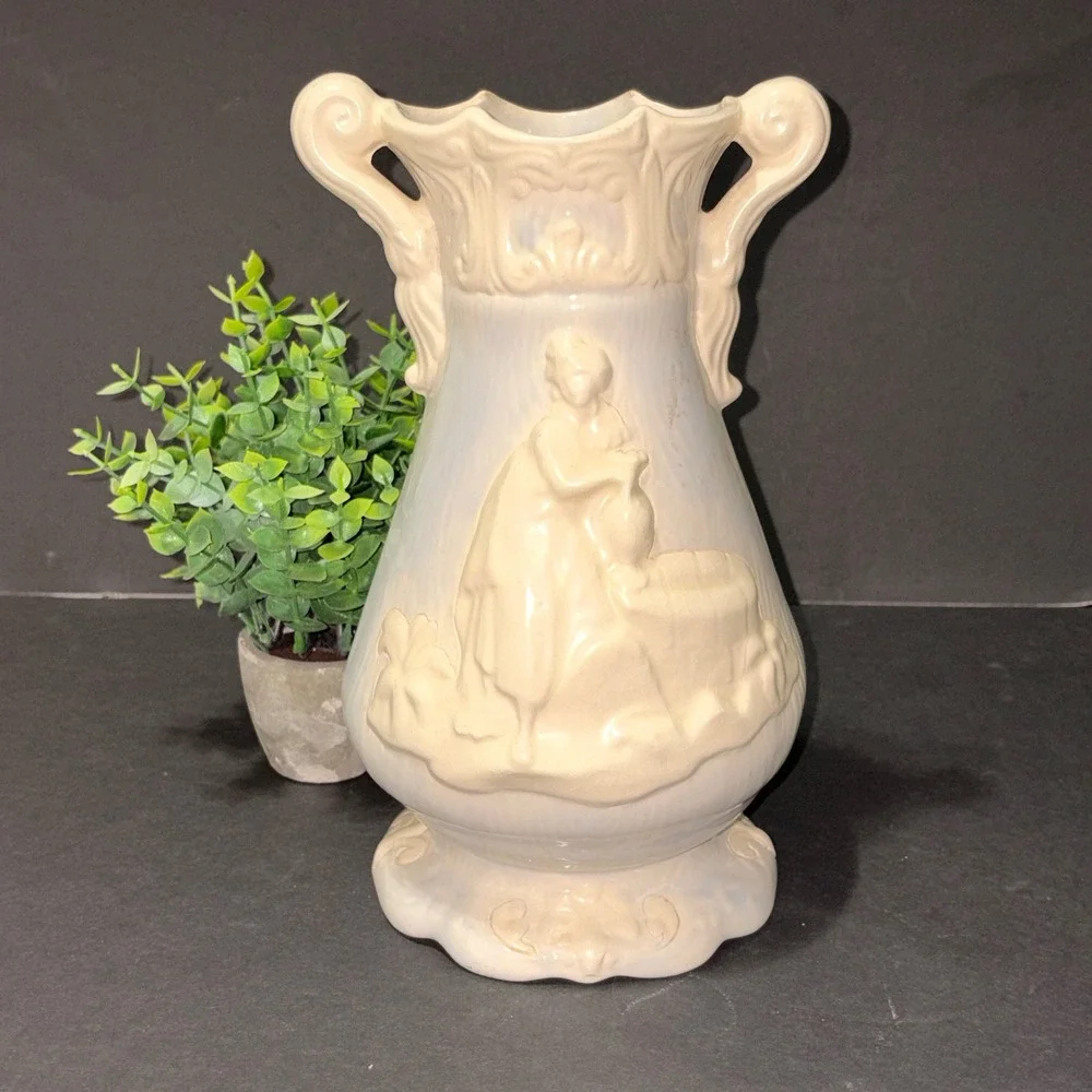 1987 Mary Ellen Ceramic Vase Woman at Well Relief Double Handle Cream 10